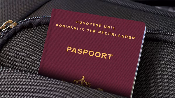 Close up of Netherlands Passport in Black Suitcase Pocket